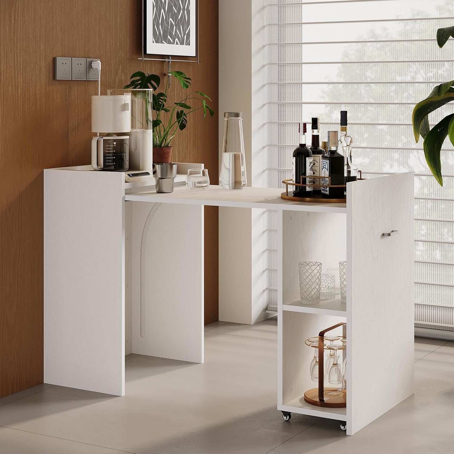 OUTLANE Multi-Function Folding Desk, Expandable Computer Table with Wheels, Storage Shelves & Drawer, 50 inch Foldable Workstation for Small Office, Apartment, Gaming - White