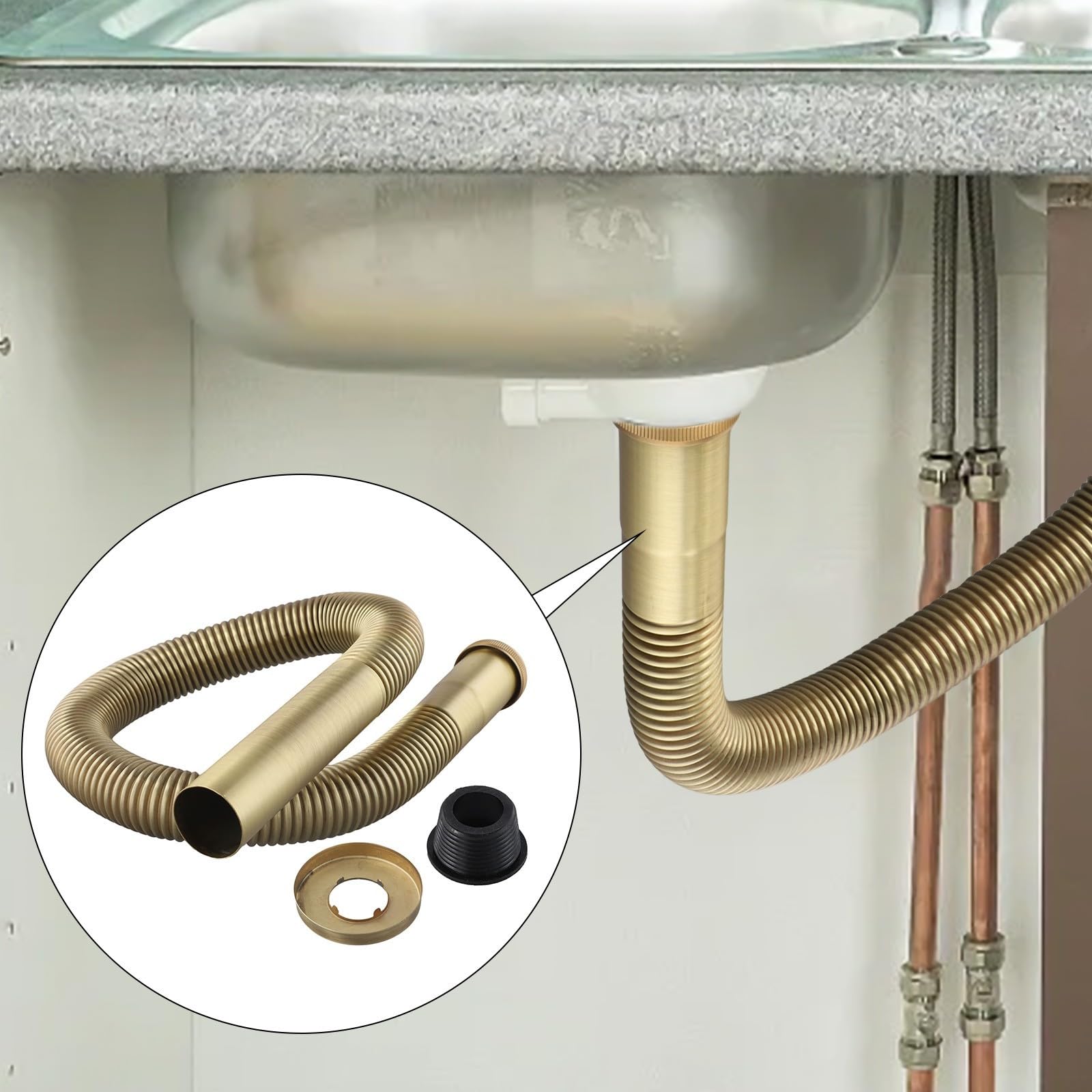 Tubo di scarico flessibile in ottone per lavello da bagno, cucina, sifone idraulico con design estensibile per scarico sotto il lavandino, 80 cm