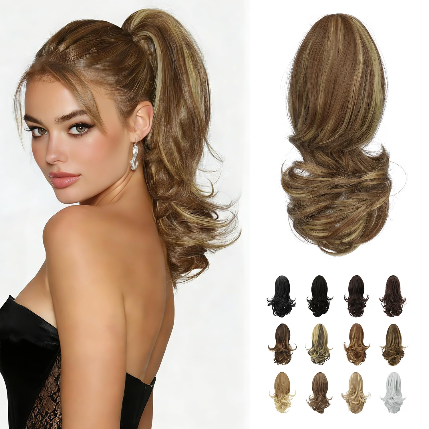 33cm Ponytail Extension Long Curly Ponytail Clip in Claw Hair Extension Natural Looking Synthetic Hairpiece for Women, 130ml