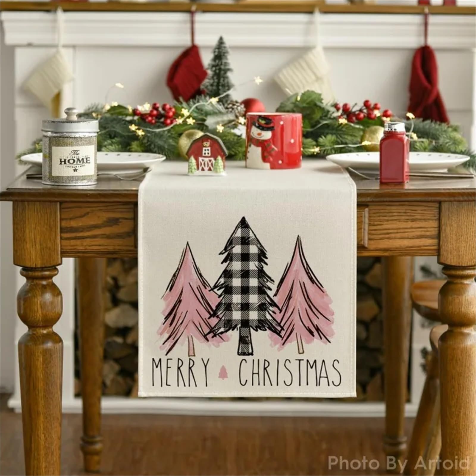 Elegante y lujoso Camino de mesa de lino rosa navideño, mantel de ambiente festivo, mesa de centro, Fireplace, cubierta de armario, decoración de cena de Boda en Cocina casera Regalos navideños(1,180x