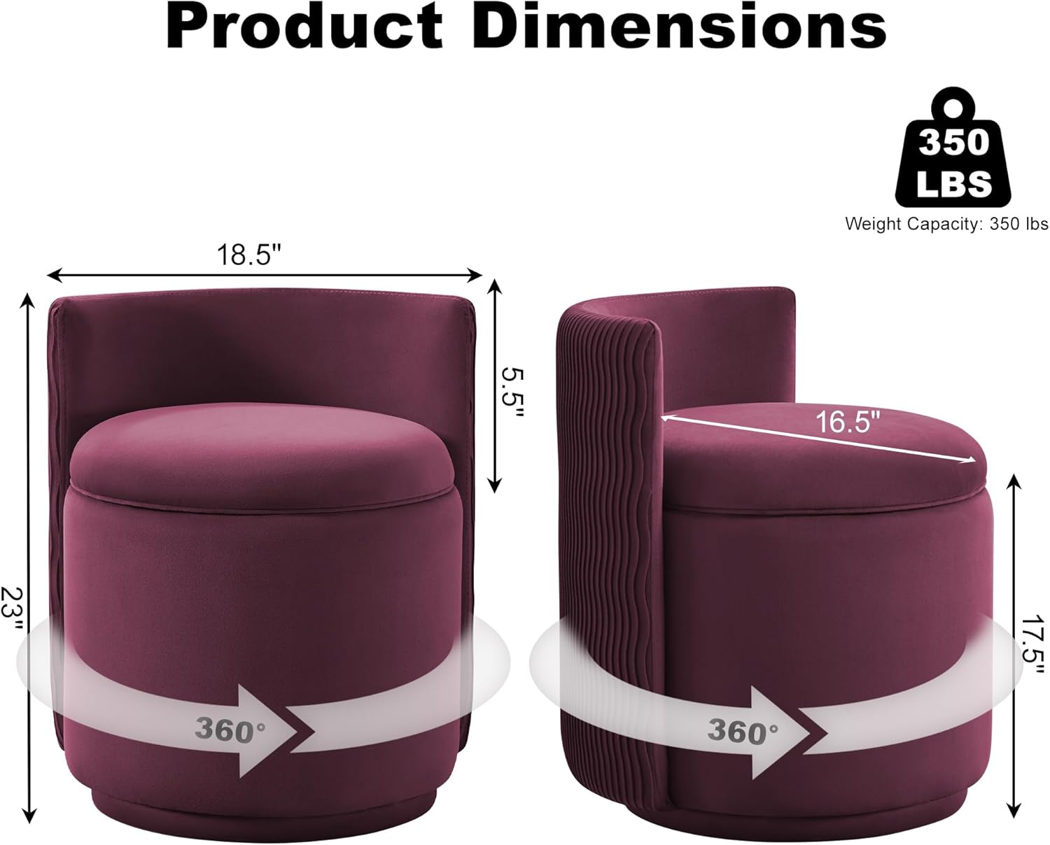 360° Swivel Velvet Vanity Chair with Storage, Barrel Makeup Chair with Wave Back, No Assembly Vanity Stool Small Accent Chair for Living Room, Burgundy