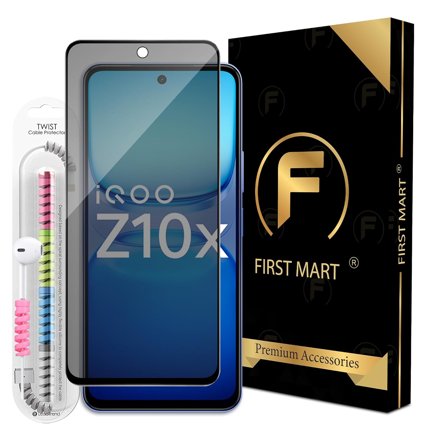 FIRST MART Privacy Tempered Glass for IQOO Z10X and Vivo T4X (6.72 Inch) Edge-to-Edge Protector Coverage with Easy Installation kit & Cable Protector | Anti-Spy Privacy Screen Protector