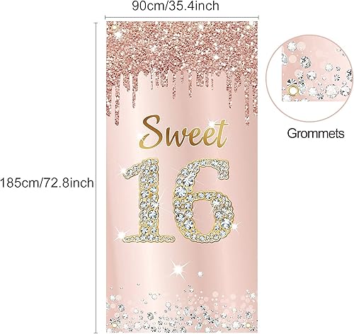 Miniatura 3 de Cartel decorativo de cumpleaños de 16 años para niñas, cubierta de puerta de feliz cumpleaños de 16 años y suministros para fiesta, decoración de