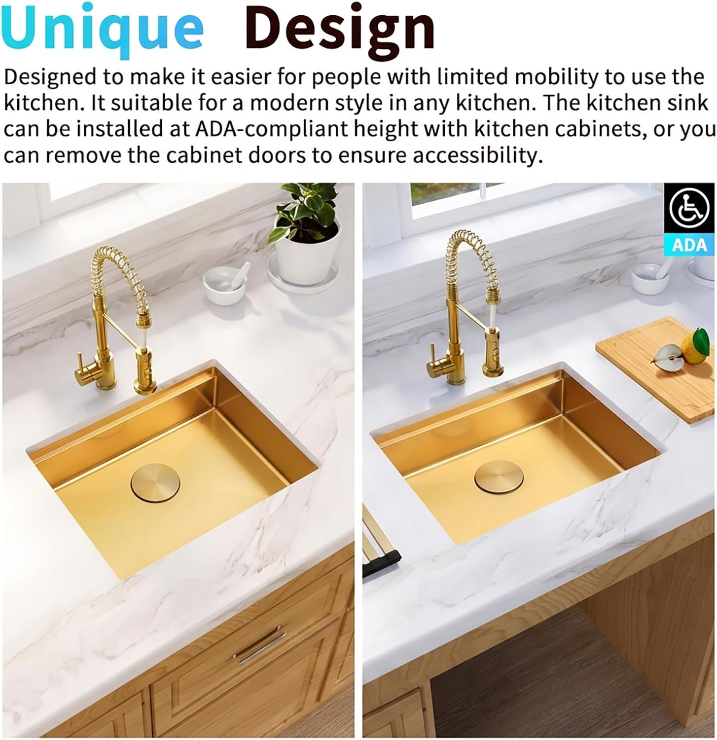 Gold Undermount Kitchen Sink 32 Inch, 16 Guage Stainless Steel Workstation Sinks with Ledge & Accessories, 32" x 18" x 6" Single Bowl ADA-Compliant Large Sink, 6 Inch Depth Gold ADA Sink