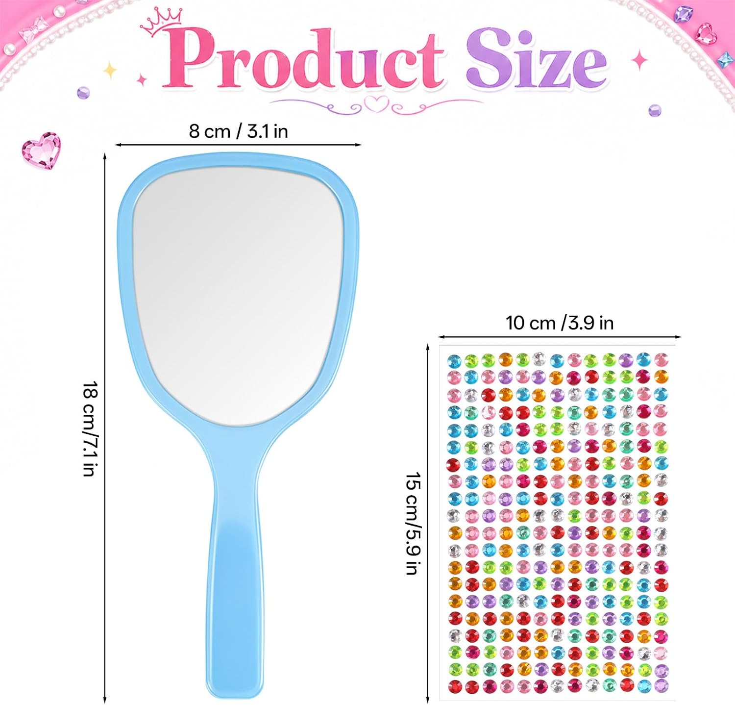 16 Pcs Small Handheld Mirror with Handle Bulk, Handheld Mirror DIY Decorate Your Own Mermaid Princess Mirrors with Gem Rhinestone Stickers Mini Travel Makeup Mirrors for DIY Crafts Classroom Party