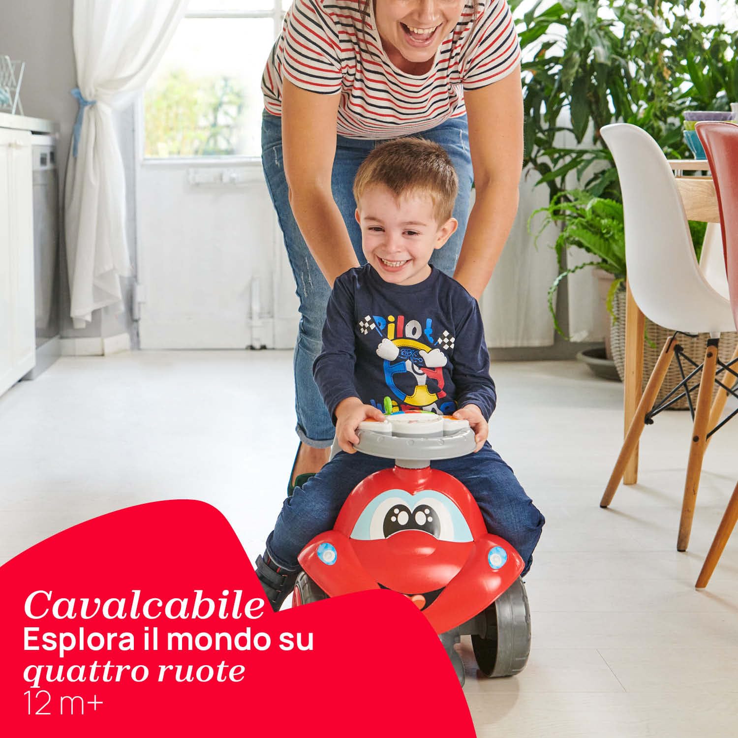 Chicco Billy Walk&Ride Eco+, Primi Passi, Girello e Cavalcabile, Assemblaggio Semplice, Manubrio Ergonomico, Ruote Larghe, Con Suoni e Luci di Guida, in Plastica Riciclata, Bambini 12-36 Mesi, Rosso
