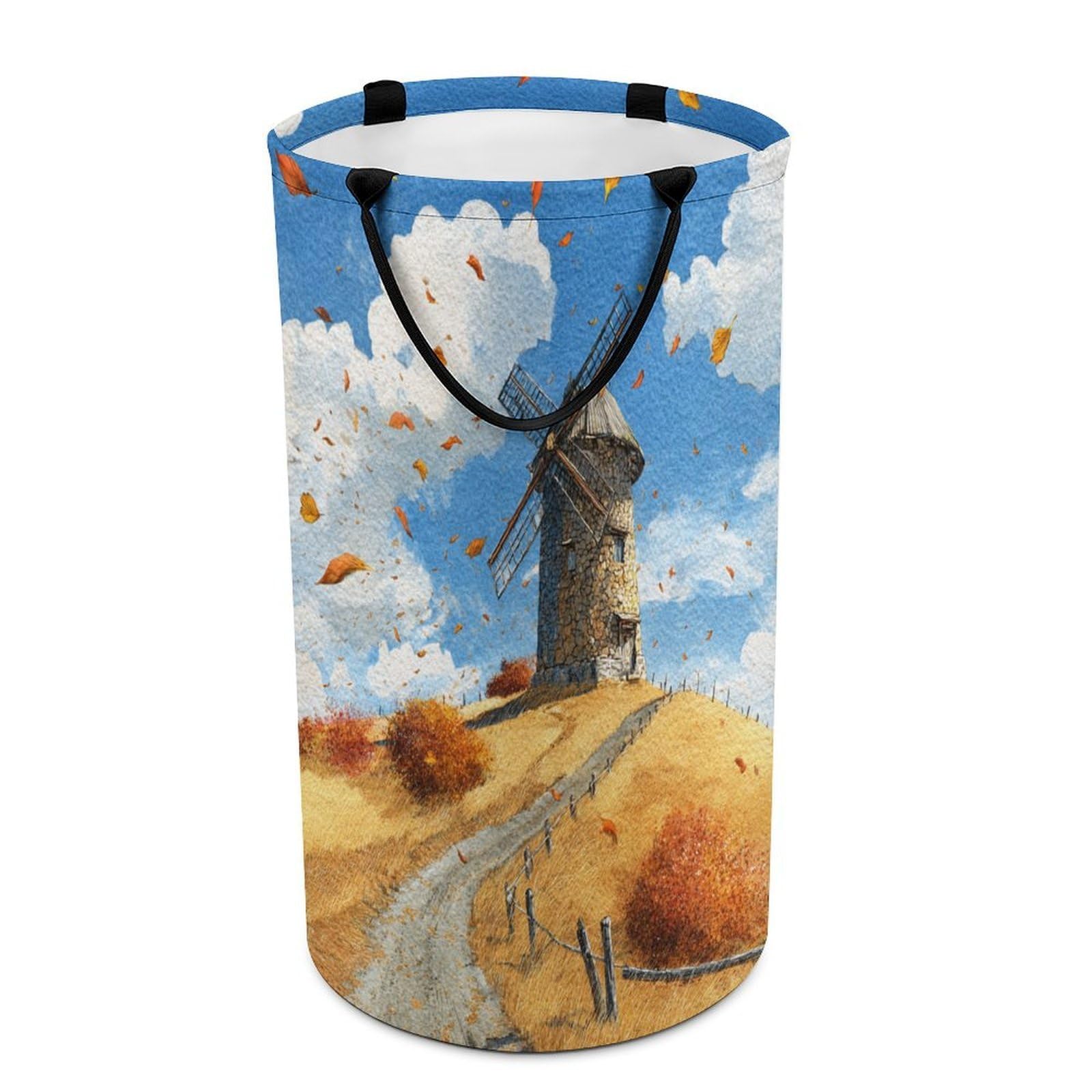 LUYYSKY Retro Watercolor Fall Windmill Collapsible Dirty Clothes Basket, Classic Western Farmhouse Barn Autumn Leaves Pattern Portable Clothes Storage Basket