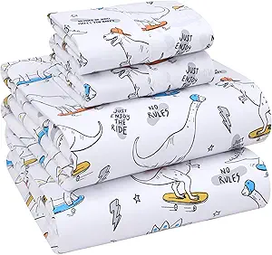 RUVANTI 100% Cotton Sheets Queen Size Set, 4 Pieces, Soft & Breathable Percale Weave Bedding, Deep Pocket 16", Hotel Standard, Crisp Cool Feeling, Durable, Perfect Floral Bed Sheet, Dino