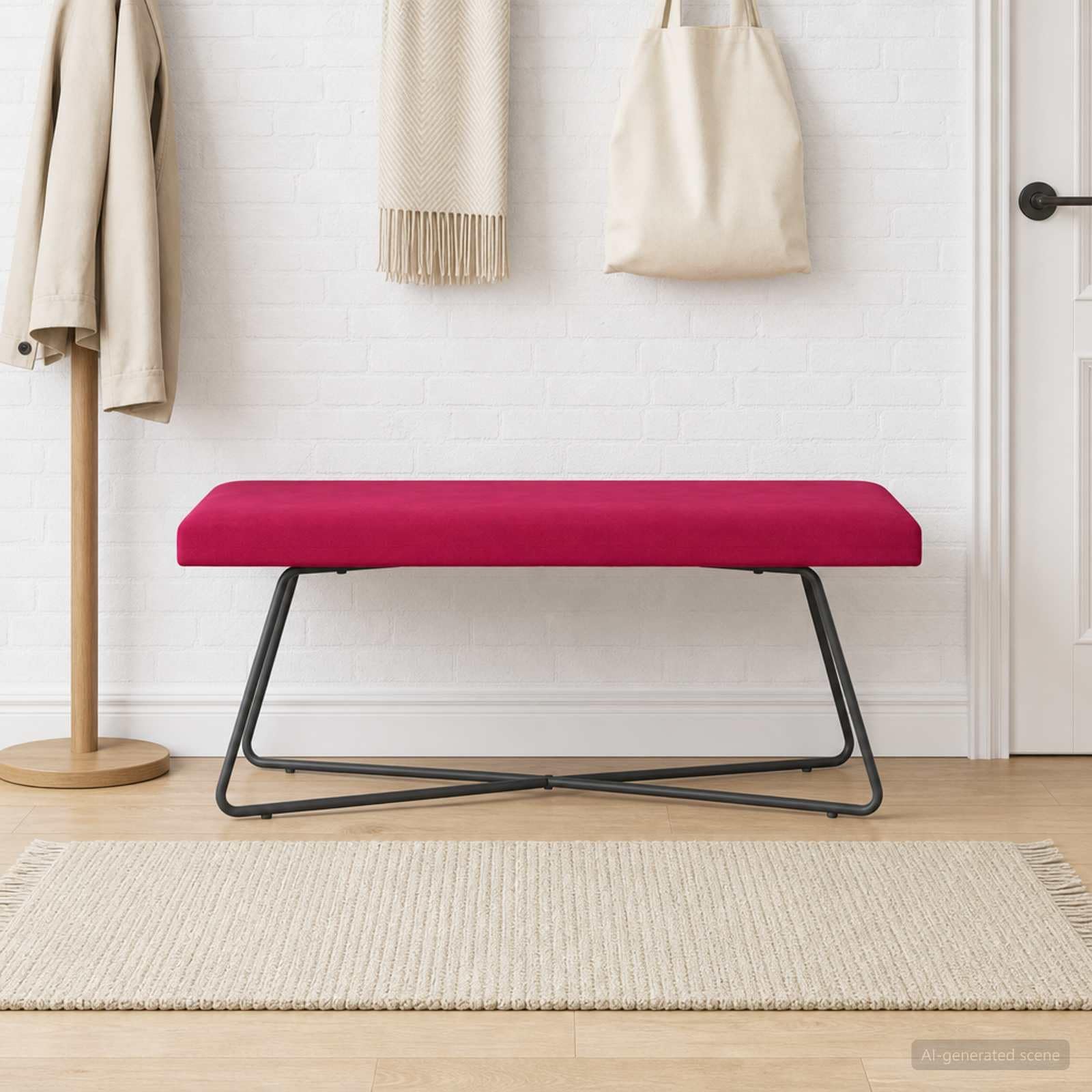 Ława Uni bordowy aksamit z ramą z materiału drewnopochodnego, 110 x 40 x 45 cm, nowoczesna ławka do siedzenia do salonu, korytarza, jadalni, sypialni, wygodna tapicerowana ławka ze stabilną