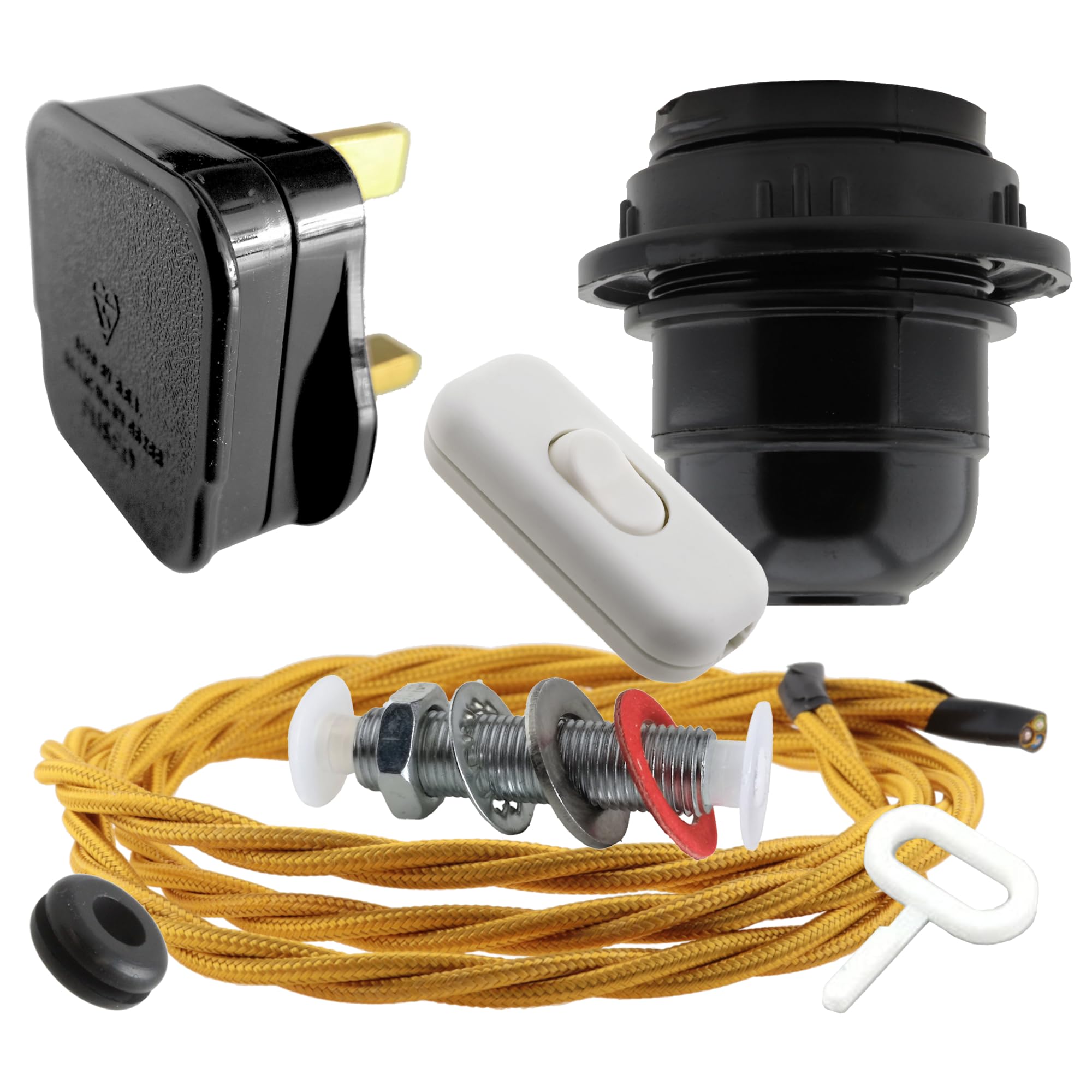 Art Deco Emporium Lamp Repair Kit|Black Plug|Gold Flex|White Switch|E27 Black Bakelite Lamp Holder