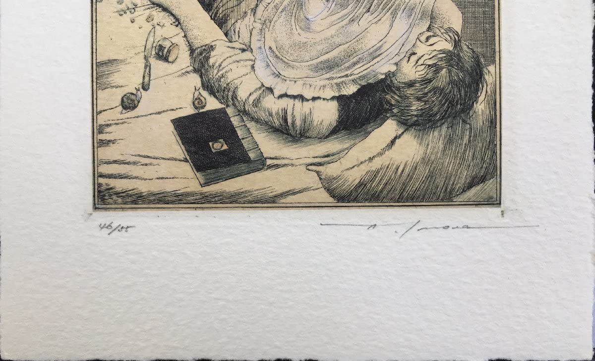 アルフォンスイノウエ リコーダーを吹く少女 銅版画　アルフォンス井上　蔵書票 アルフォンスイノウエ リコーダーを吹く少女 銅版画