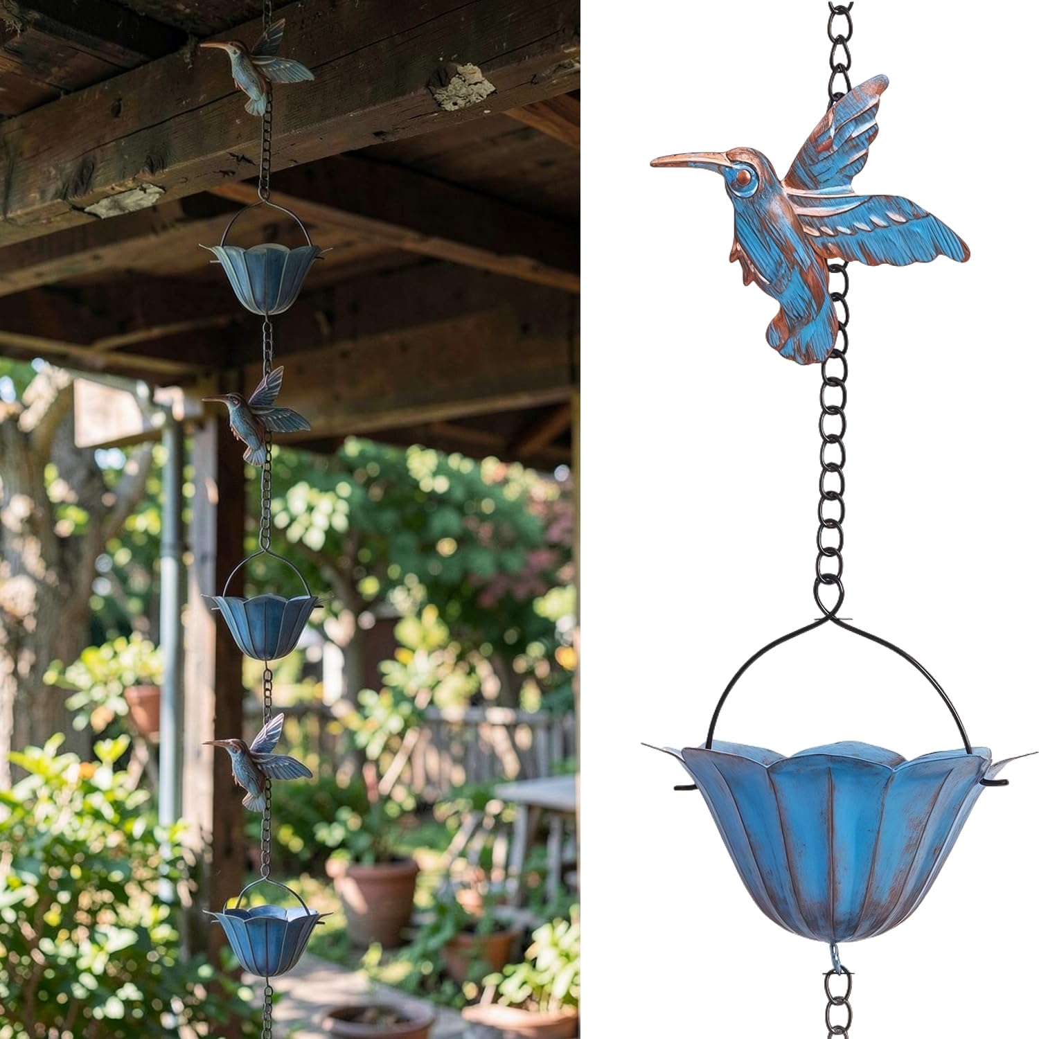 Chaînes de pluie pour gouttières, 2,4 m, vintage, en fer bleu, chaîne de pluie avec 7 colibri et tasses