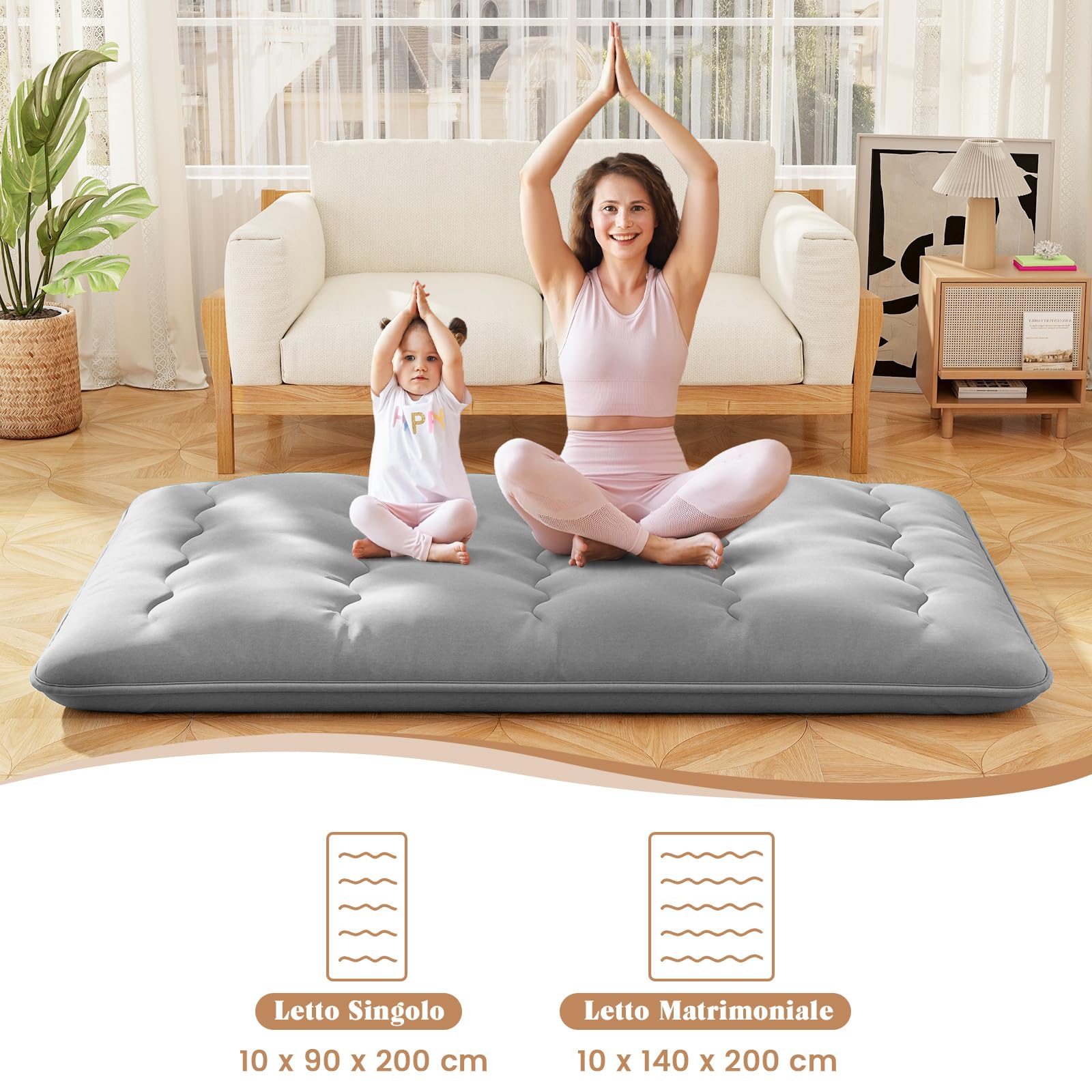 COSTWAY Materasso Futon Pieghevole, Materasso Portatile con Sacca da Trasporto per Camping, Materasso da Terra con Copertura Lavabile (Grigio,200 x 140 cm)