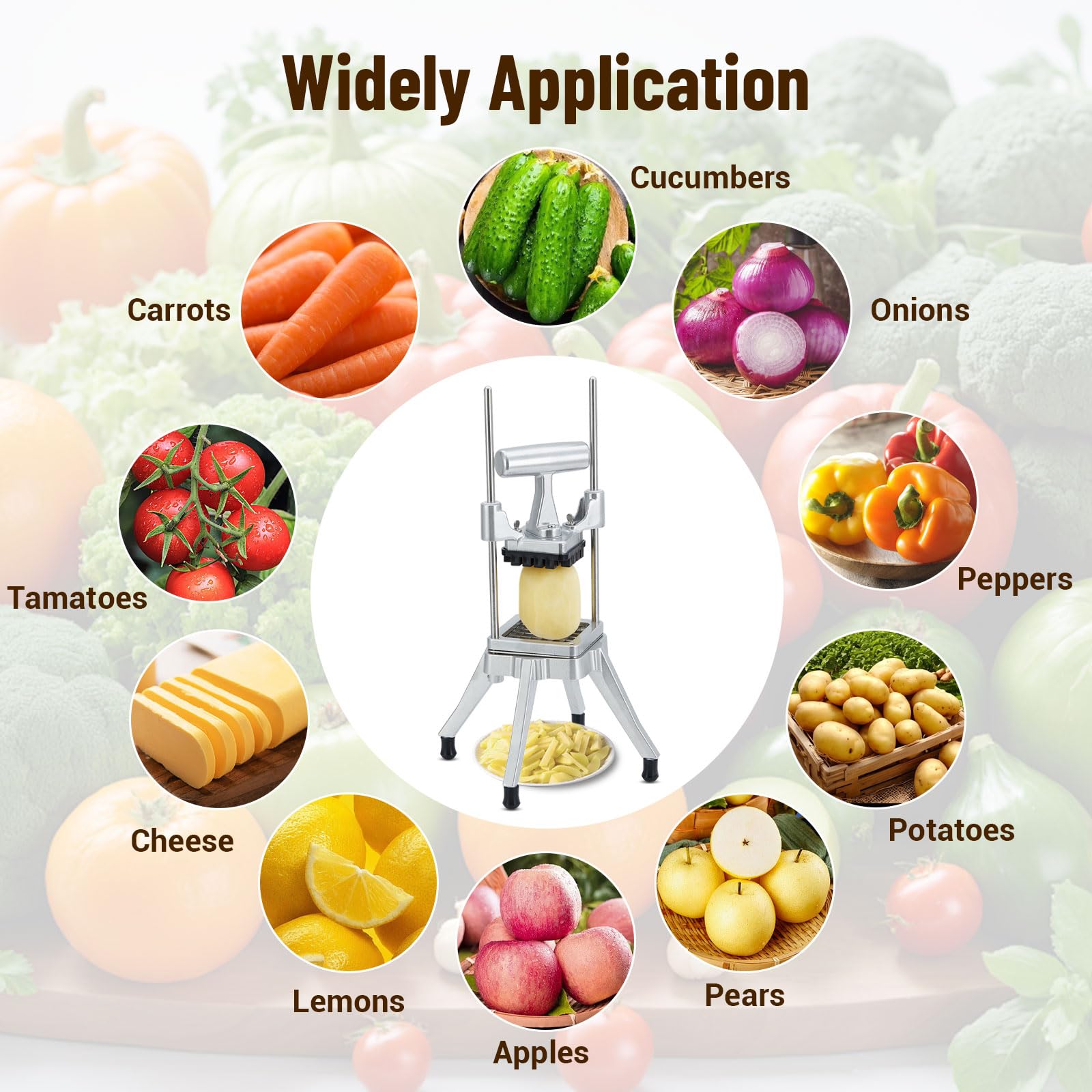 Garvee Cortador Manual Profesional De Verduras y Frutas – Acero Inoxidable – 4 Cuchillas Intercambiables (1/4", 3/8", 1/2", Cuña De 6) – Mango Ergonómico y Base Antideslizante – Fácil De Limpiar