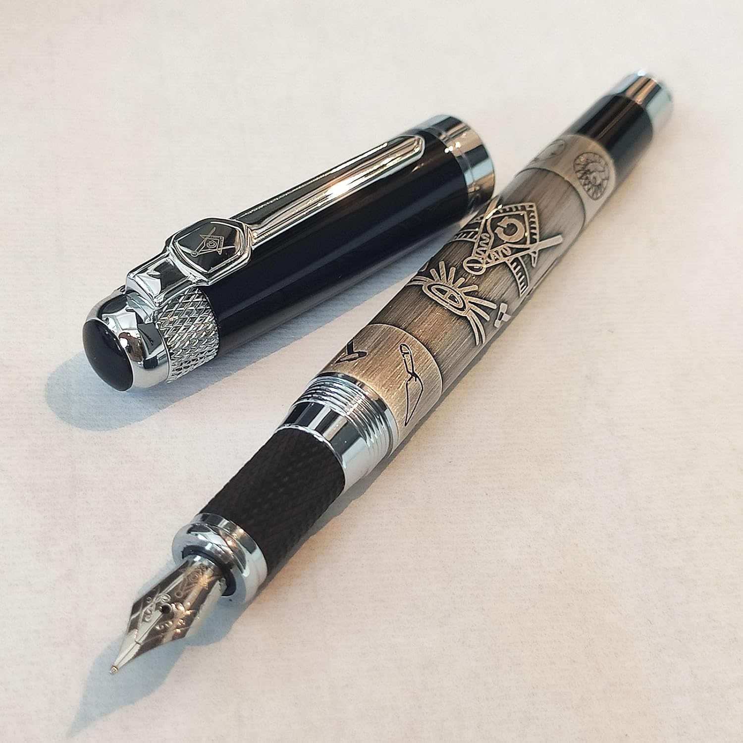 Masonic Symbols Engraved Heavy Weight Silver Metal Fountain Pen, Gift Box (Black, Black) image 4