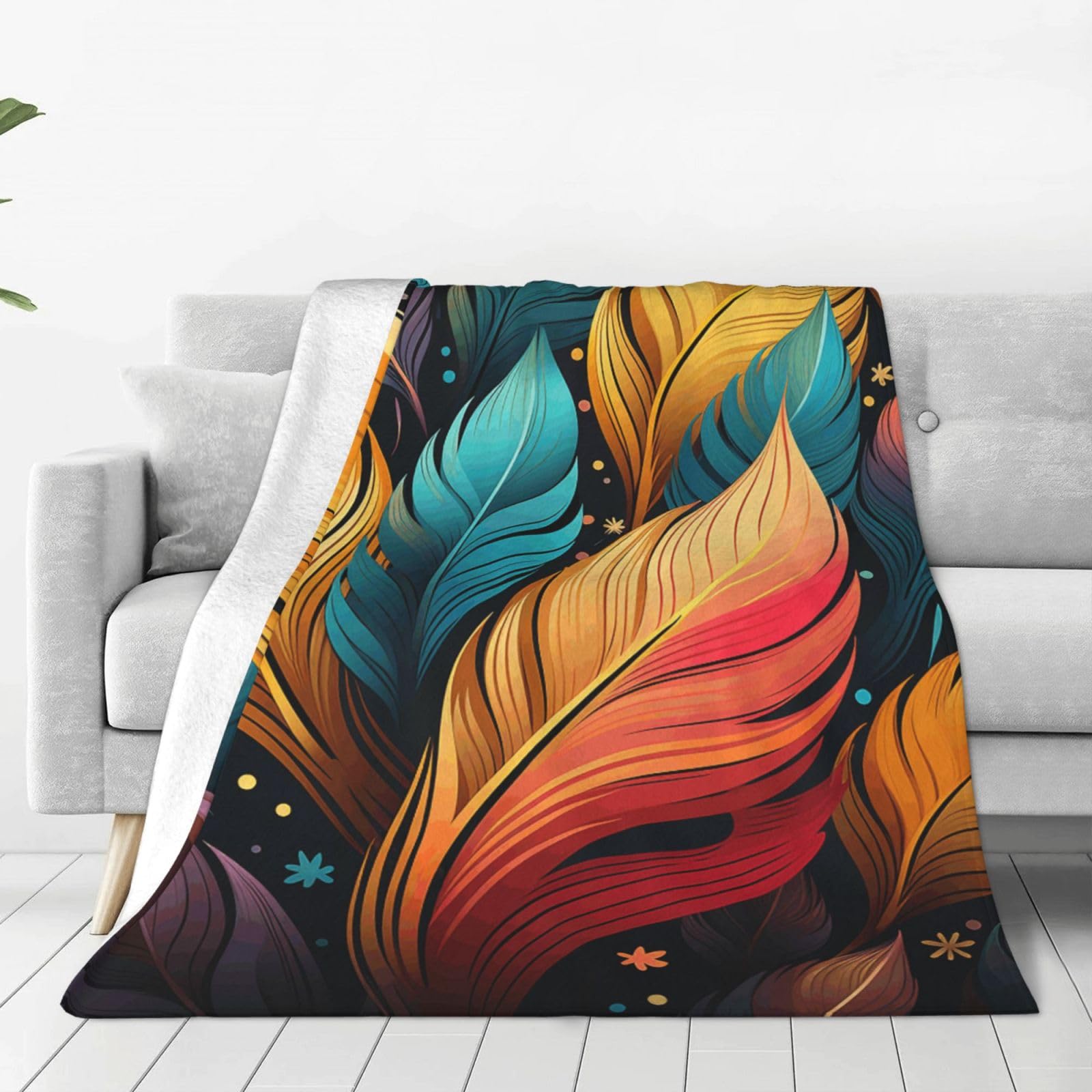 Colorful Feathers Throw Blanket for Couch, Plush Fuzzy Soft Flannel Blankets and Throws for Sofa, 50"x40" Bed Blankets for Travel Camping Chair, All Season Warm Fleece Blanket