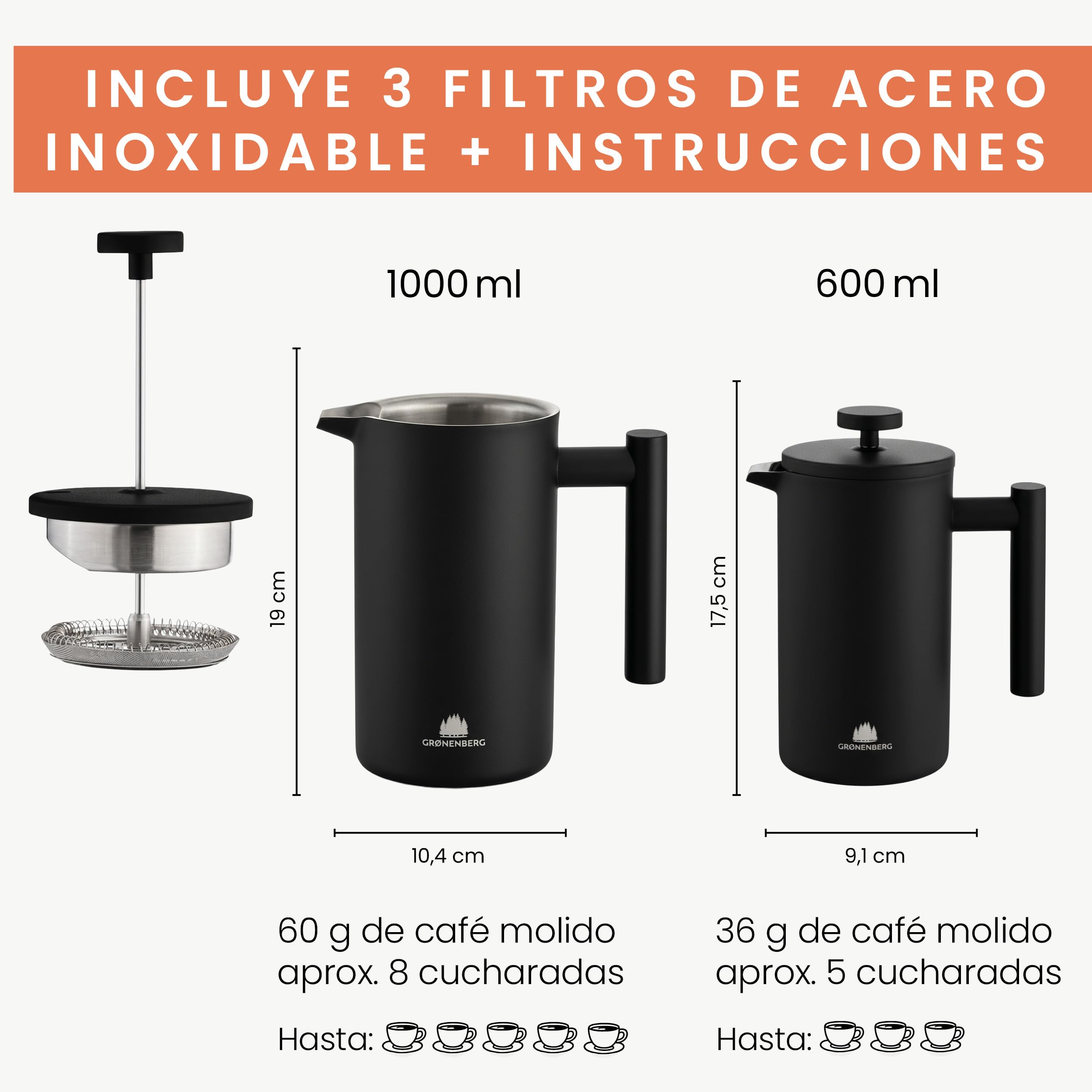 Groenenberg Cafetera francesa de colores I Prensa francesa + filtros de repuesto I French Press 0,6-1 litro I Cafetera embolo con función térmica (Black, 1000 ml)