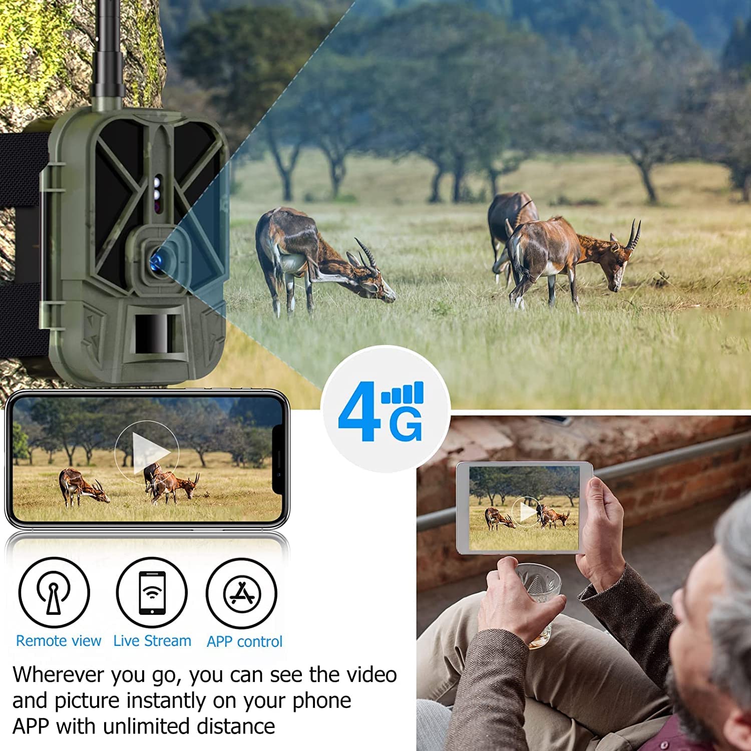 Kamera myśliwska leśna 4G 4K 30MP APP HD wideo na żywo, Bateria litowa 10000 mAh dzika przyroda do gier z noktowizorem na podczerwień, kamera monitoringowa zasięg noktowizora o długości 25m
