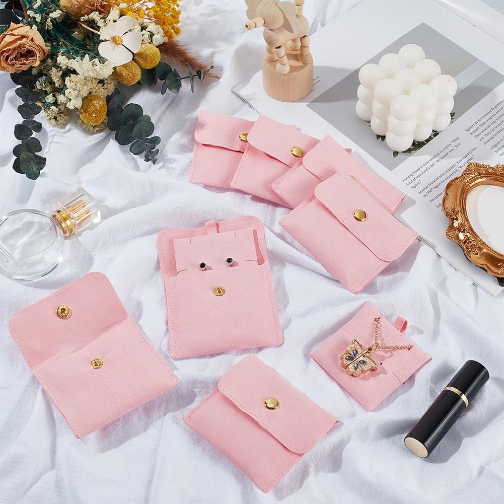 UNICRAFTALE 20Pcs Jewelry Pouches with Insert Pad Microfiber Pearl Pink Jewelry Packaging Bag with Snap Button Rectangle Portable Jewelry Gift Bags for Rings Necklaces Earrings Bracelets 7x8cm