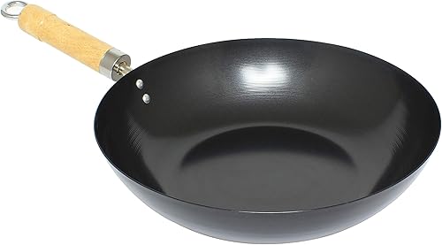 Thunder Group Wok antiadherente de acero al carbono con mango de madera, 12 pulgadas