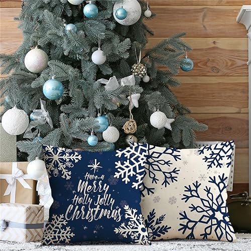Miniatura 5 de KISVODS Juego de 4 fundas de almohada navideñas de 18 x 18 pulgadas, decoraciones navideñas, fundas de almohada navideñas de lino rústico para sofá,