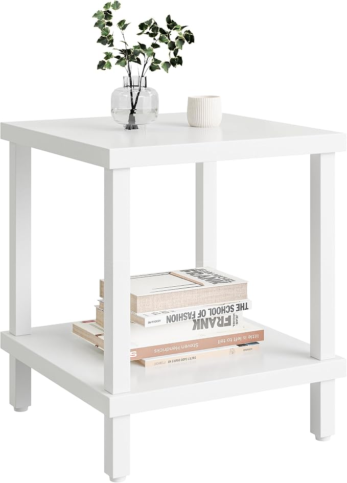 MMEOLUOOK Large End Table Square Side Table Modern Sofa Table 20 Inch Industrial Coffee Table NightStand with 2-Tier Storage Shelf for Living Room Bedroom White MLBZ06W