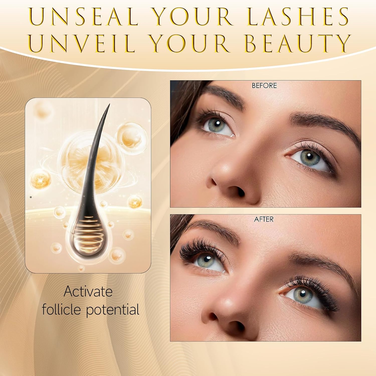 Eyelash Growth Serum – 15 Plant Extracts for Longer, Denser & Robust Lashes,Boosts Natural Lash Development,eyelash serum,Enhance Natural Beauty, Hypoallergenic Oil Free,lash growth serum（PURE GOLD）