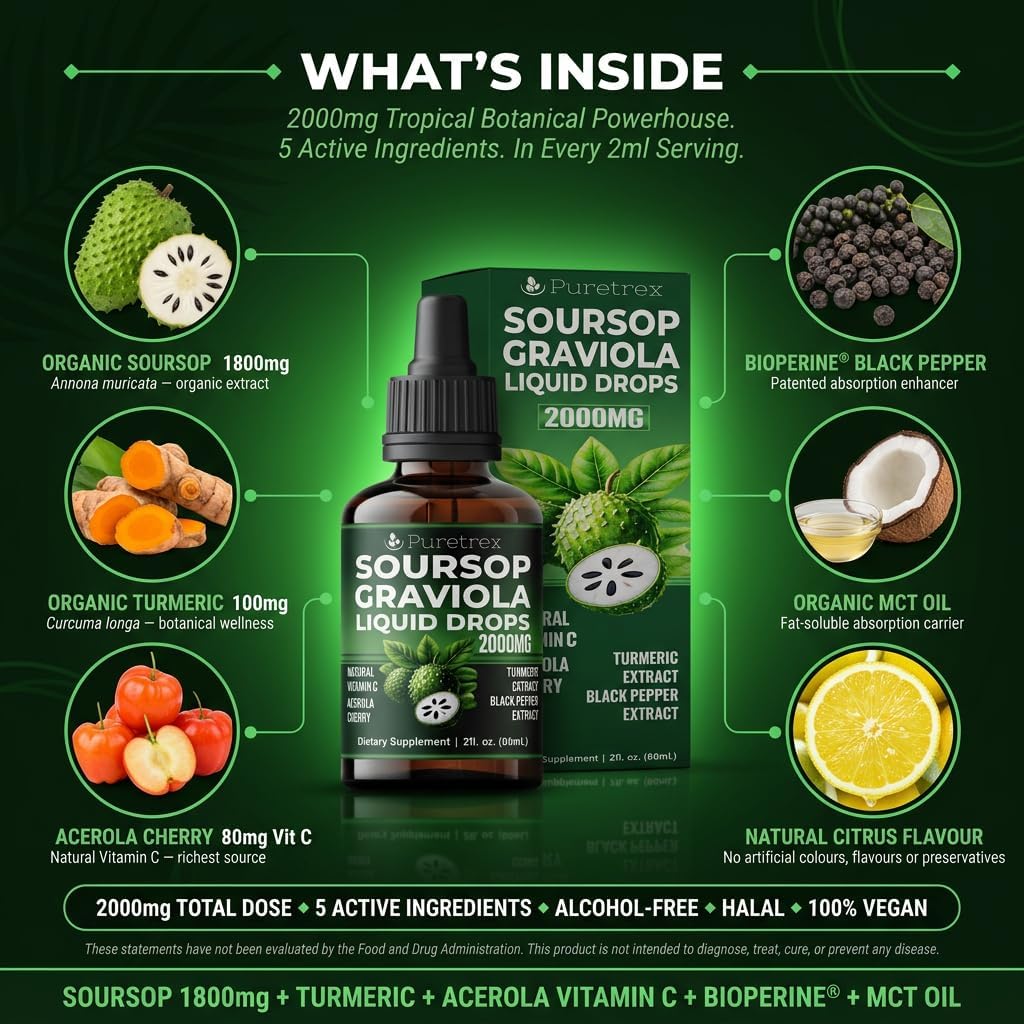 Soursop Graviola Liquid Drops 2000mg, with Acerola Cherry, Turmeric Extract and Black Pepper Extract, 60mL (2 fl oz)