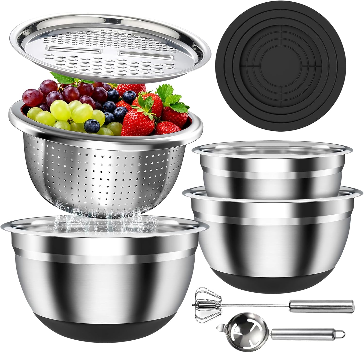 Stainless Steel Mixing Bowls Set with Lids & Silicone Base – 7-Piece Kitchen Gadgets Includes Colander, Grater, Egg Separator, Whisk – Nesting Bowls (1.5, 2, 2.5, 4.5 QT), Dishwasher Safe, Black
