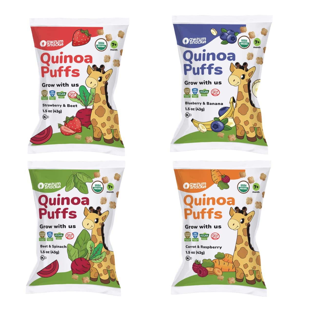 Awsum Snacks Variety Baby Puffs (4 bags 1.5oz bags) – Happy Healthy Baby Snack – Natural Plant Based Puffed Snacks – Kosher Non GMO Gluten Free Vegan – No Added Sugar – Non-Allergy