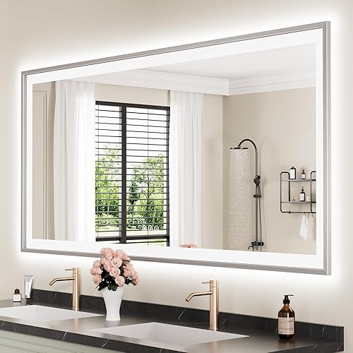 Miniatura 50 de Espejo de baño LED de 20x28 pulgadas con marco negro, espejos de baño retroiluminados y con luz frontal para pared, antiempañamiento, regulable, con