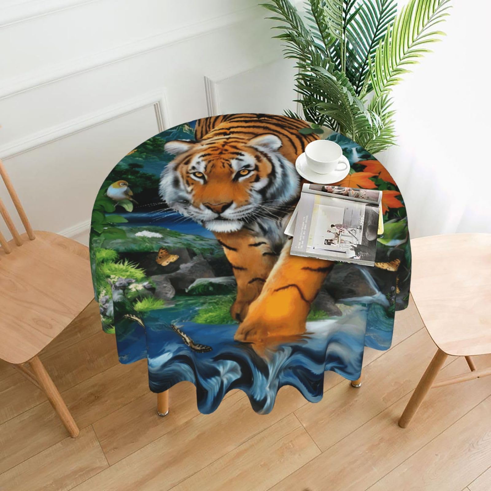 Hjfczh Black Tiger Butterfly Bird Prints Round Table Throw 60 Inch - Waterproof Table Cover - Soft & Wrinkle Resistant Decor Layer For Dinners, Parties & Everyday Use
