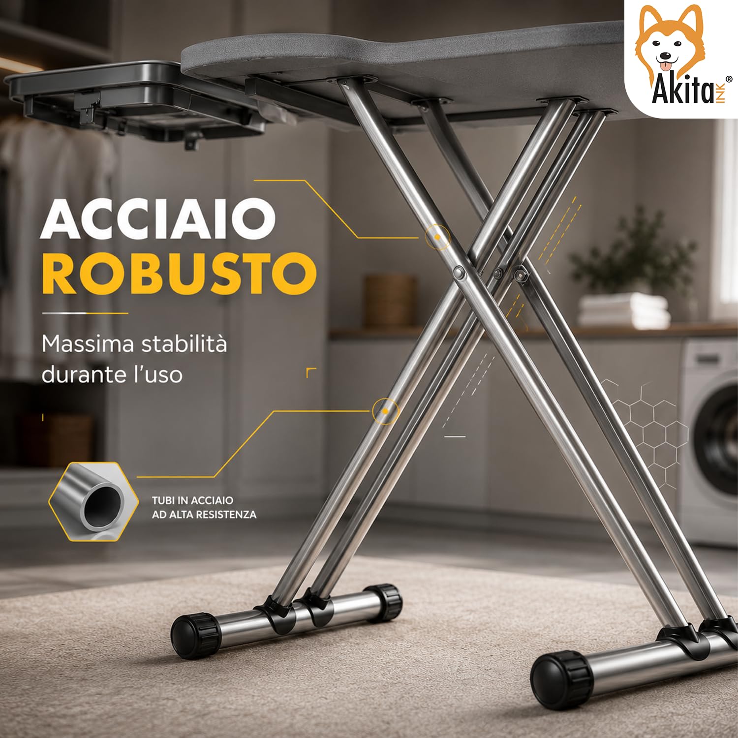AkitaInk Asse da Stiro con Presa Integrata 125x43 cm, Tavolo da Stiro Pieghevole in Acciaio con Altezza Regolabile, Poggiaferro e Piedini Antiscivolo