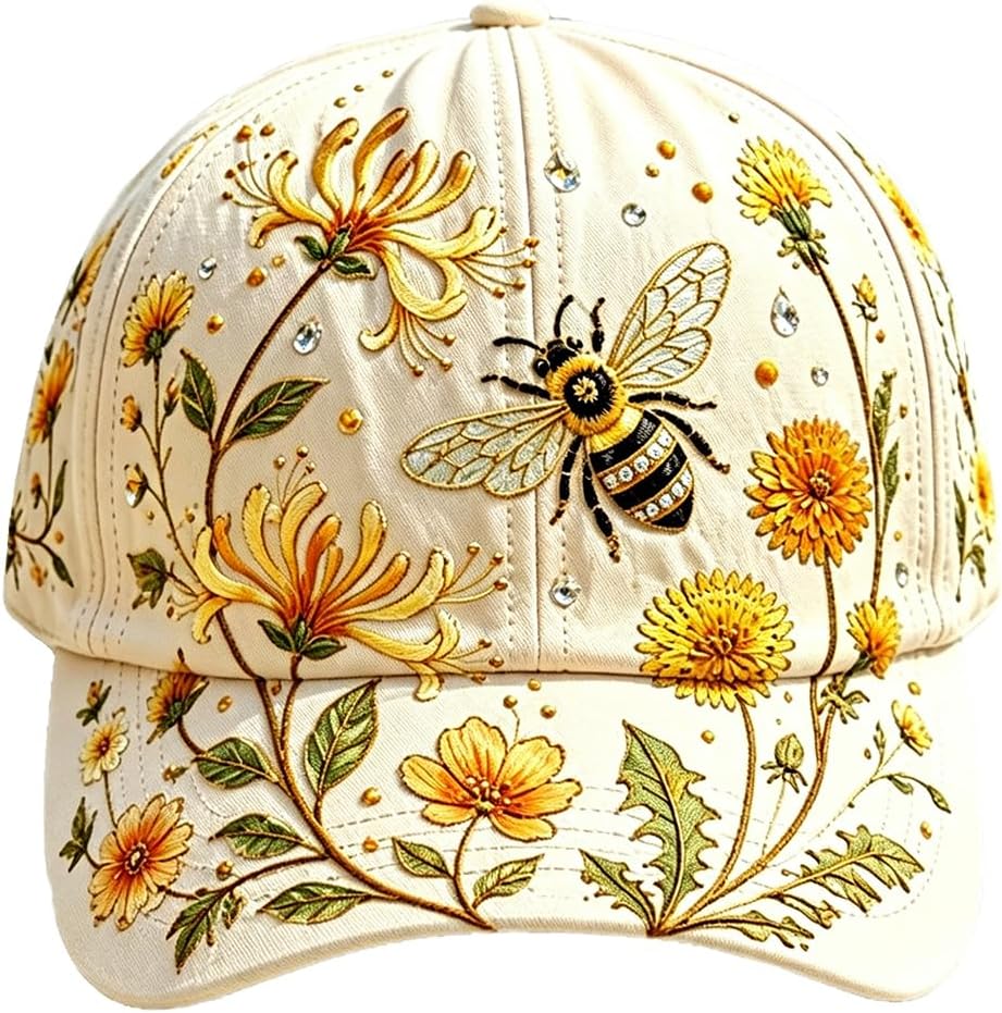 Garden Morning Baseball Cap Bee Floral Print Baseball Cap for Women Lightweight Breathable Adjustable Outdoor Sun Hat
