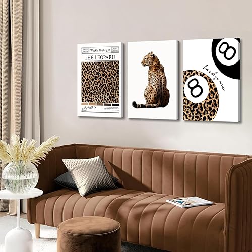 Miniatura 2 de Juego de 3 pósteres de lienzo de leopardo de moda con 8 bolas de la suerte, impresiones estéticas de guepardo para decoración de pared de habitación