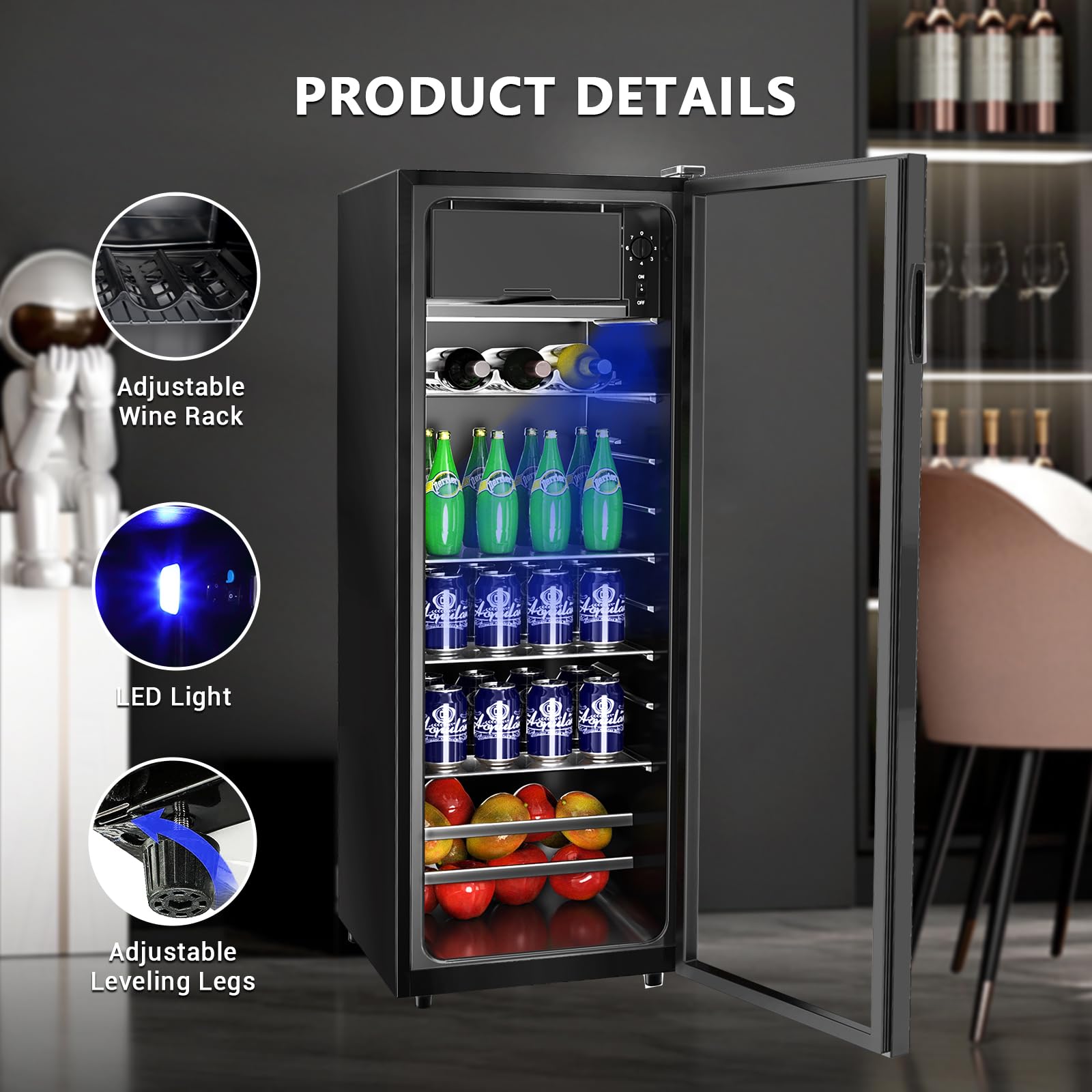 rosmena Beverage Refrigerator, 180 Can Freestanding Mini Refrigerator with 7 Adjustable Thermostat, Drink Dispenser with Adjustable Shelves, Suitable for Home/Office, Black on Fridge.com