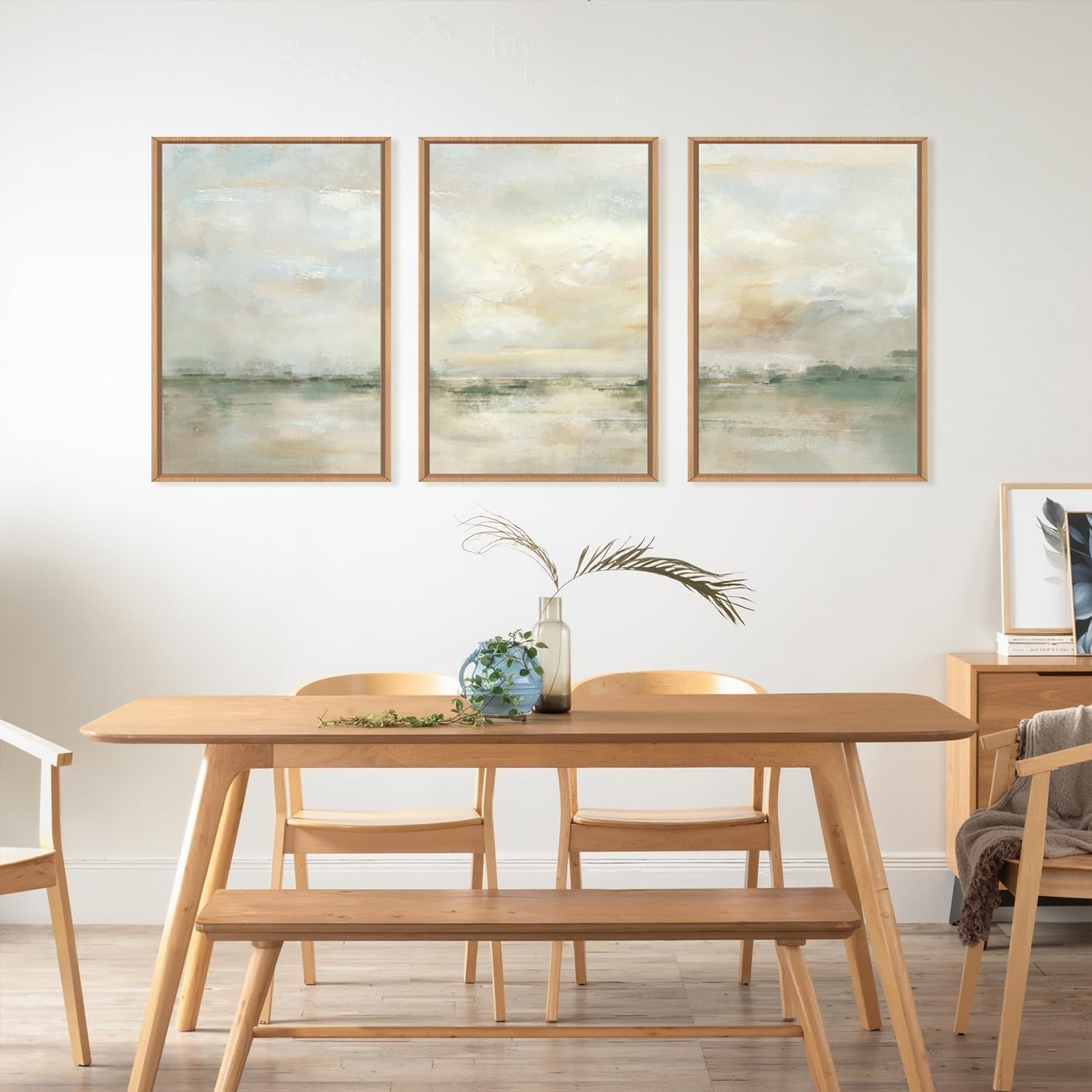 lianyibo Duże abstrakcyjne zielone szare pastelowe płótno sztuka ścienna, neutralny krajobraz plakaty wydruki do salonu sypialni biura dekoracja (50 x 75 cm x 3/rama wewnętrzna)