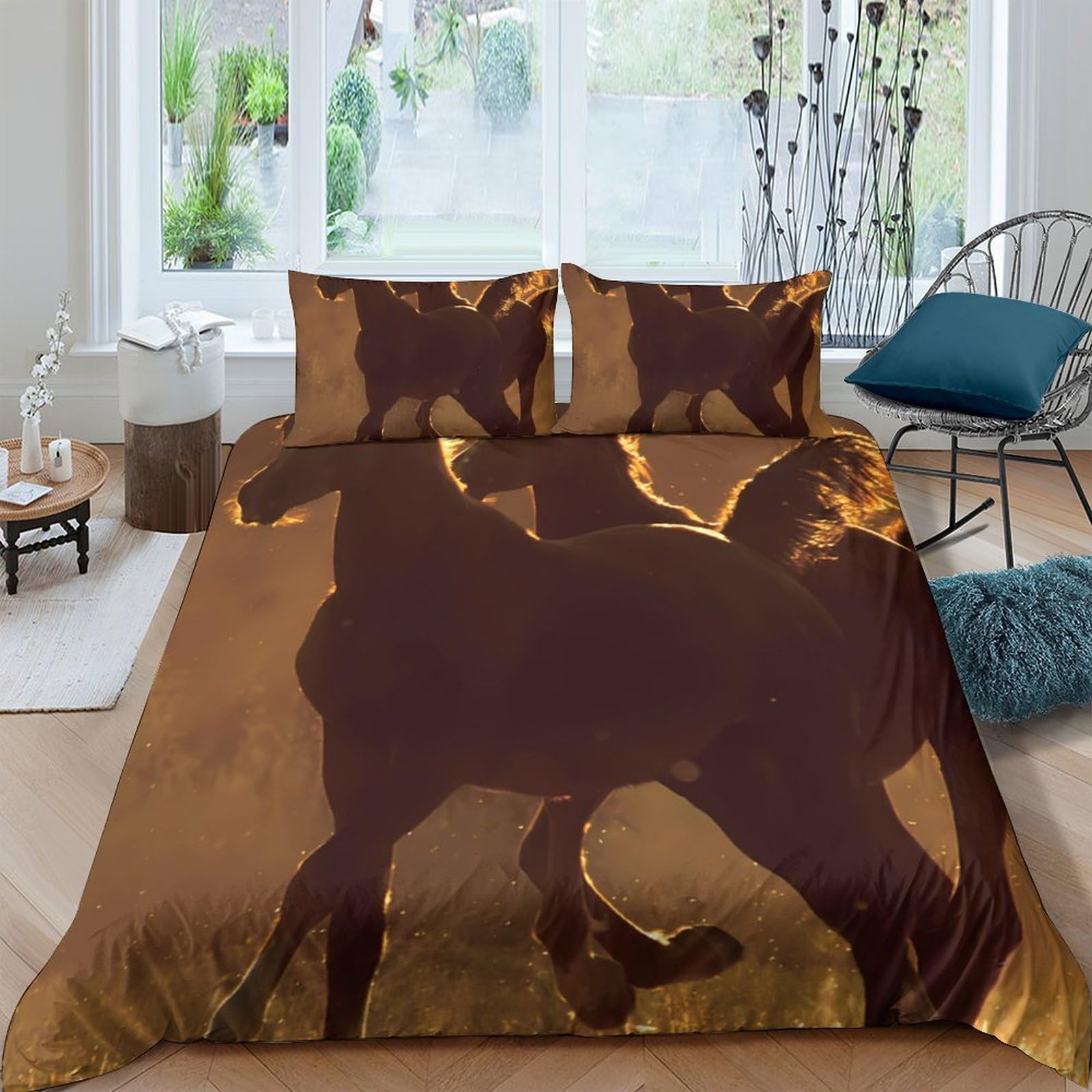 GPLZQXKJNH 3D Printed Brown Horse Duvet Cover Microfiber Soft Breathable Galloping Shadow Bedding Set with 2 Pillowcases for Bedroom Decor, Single（135x200cm）