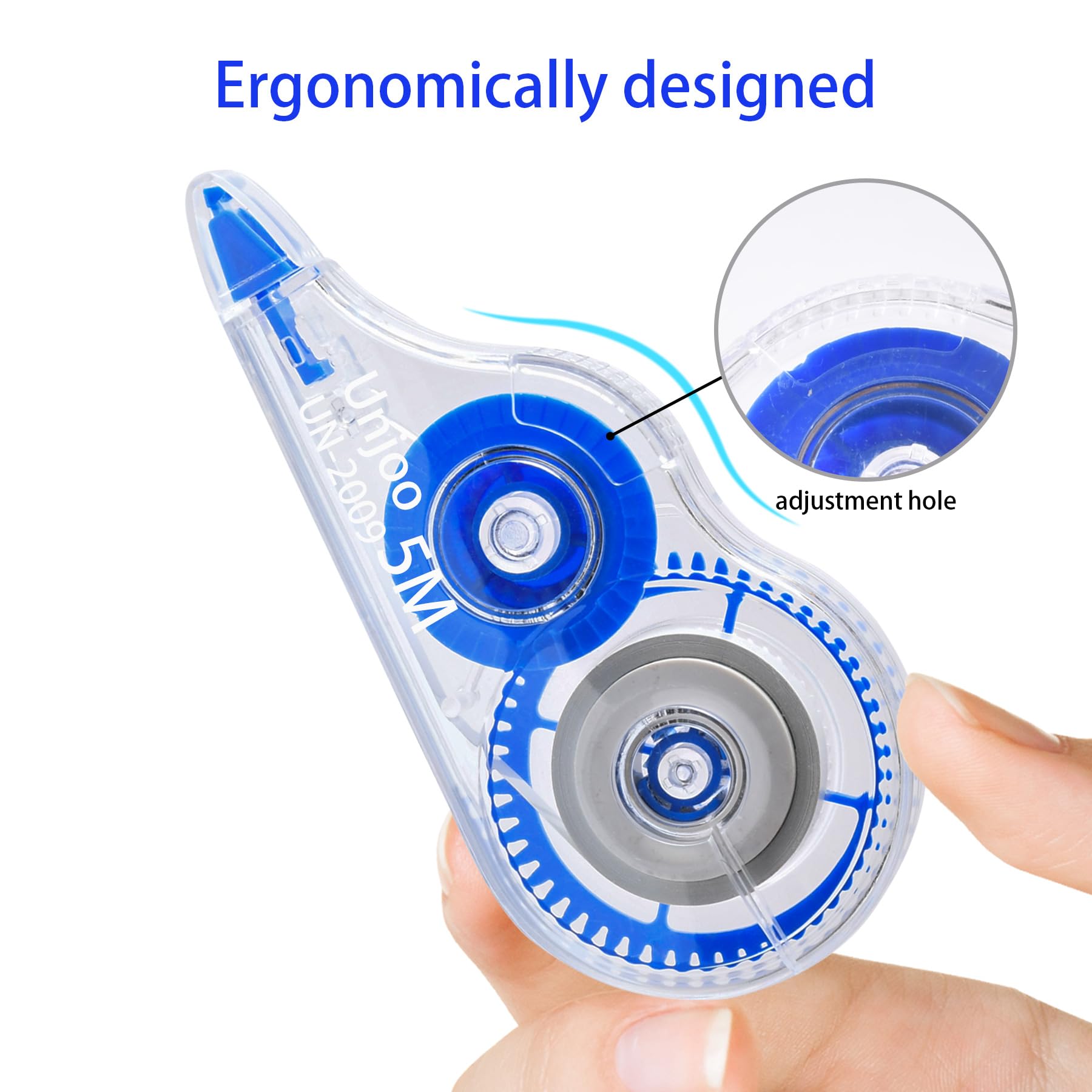 Unjoo Cinta correctora blanca, aplicador fácil de usar para correcciones instantáneas, escritura incorrecta en cualquier momento, para la escuela, la oficina (paquete de 12, 5 m x 0.2 pulgadas, azul)