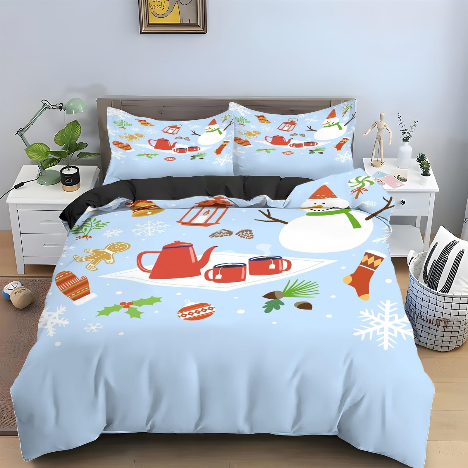 Housse de couette 160x200 bonhomme de neige avec ses 2 taies d'oreiller pour lit 2 personnes