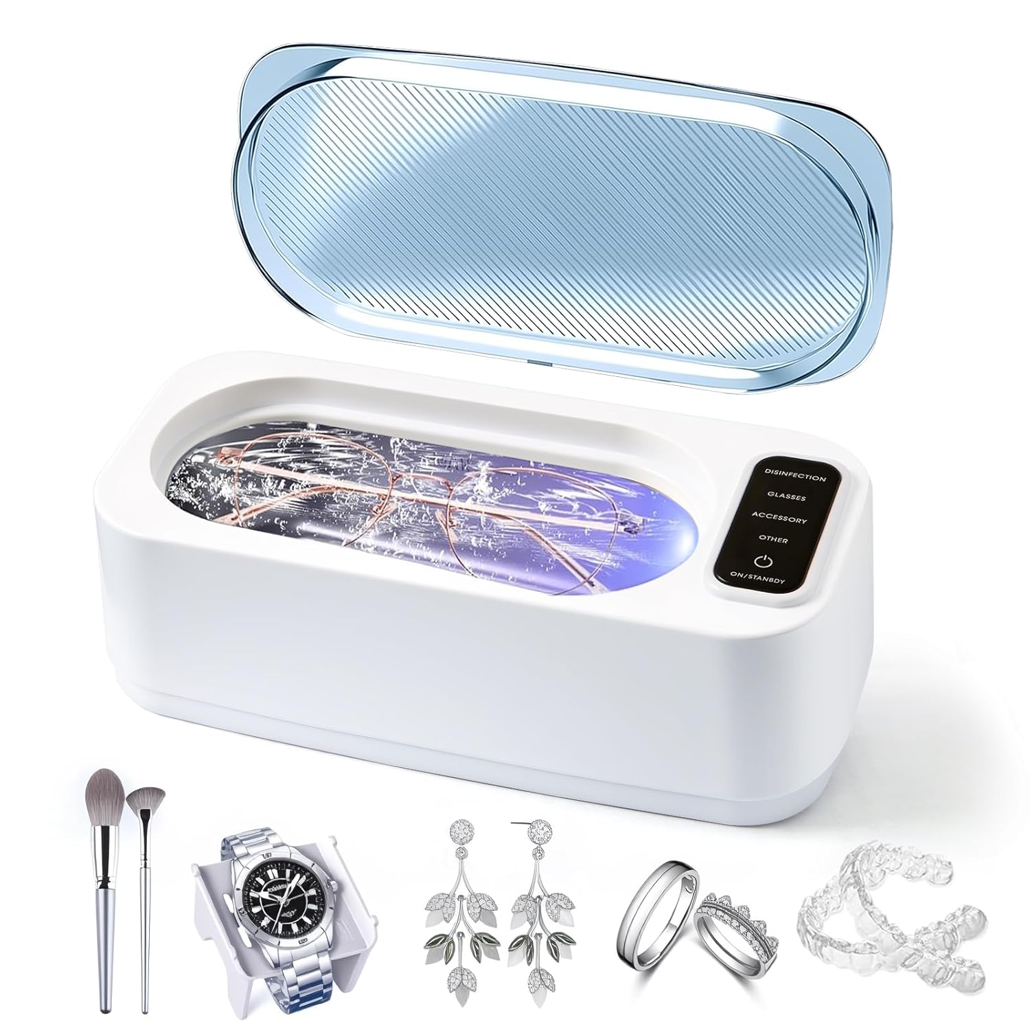 Ultrasonic Jewelry Cleaner,48kHz, 24W Professional Jewelry Cleaner, Eyeglass Cleaner, Retainer Cleaner with 4 Modes, 14oz 304 Stainless Steel Tank,Watch Stand,Tank for Gift