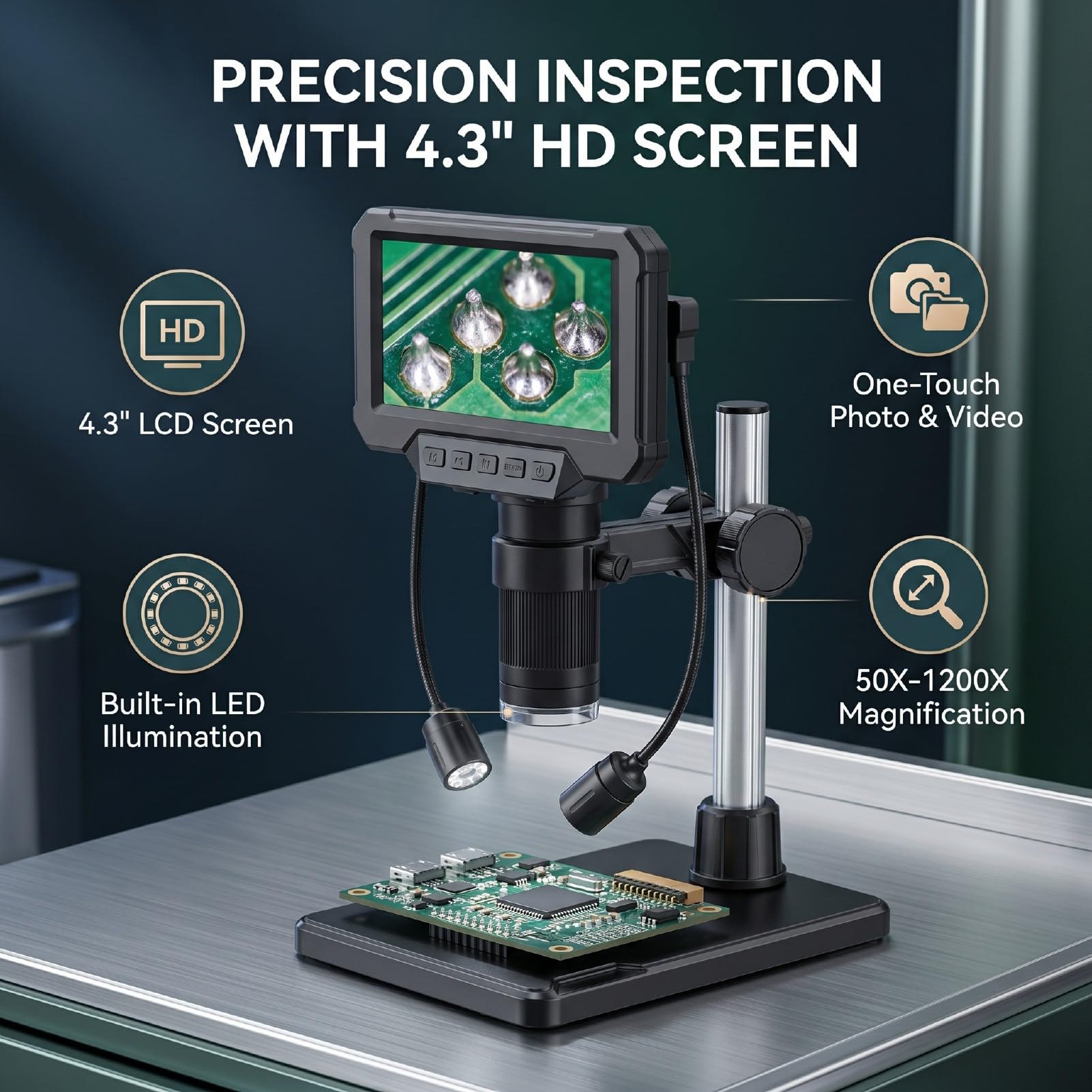 Annadue Digitalmikroskop, 1080P Video 10 MP Bild 50X Bis 1200X Digitalmikroskop mit 4,3-Zoll-Bildschirm, Lichter für Erwachsene Studenten Jungen Mädchen