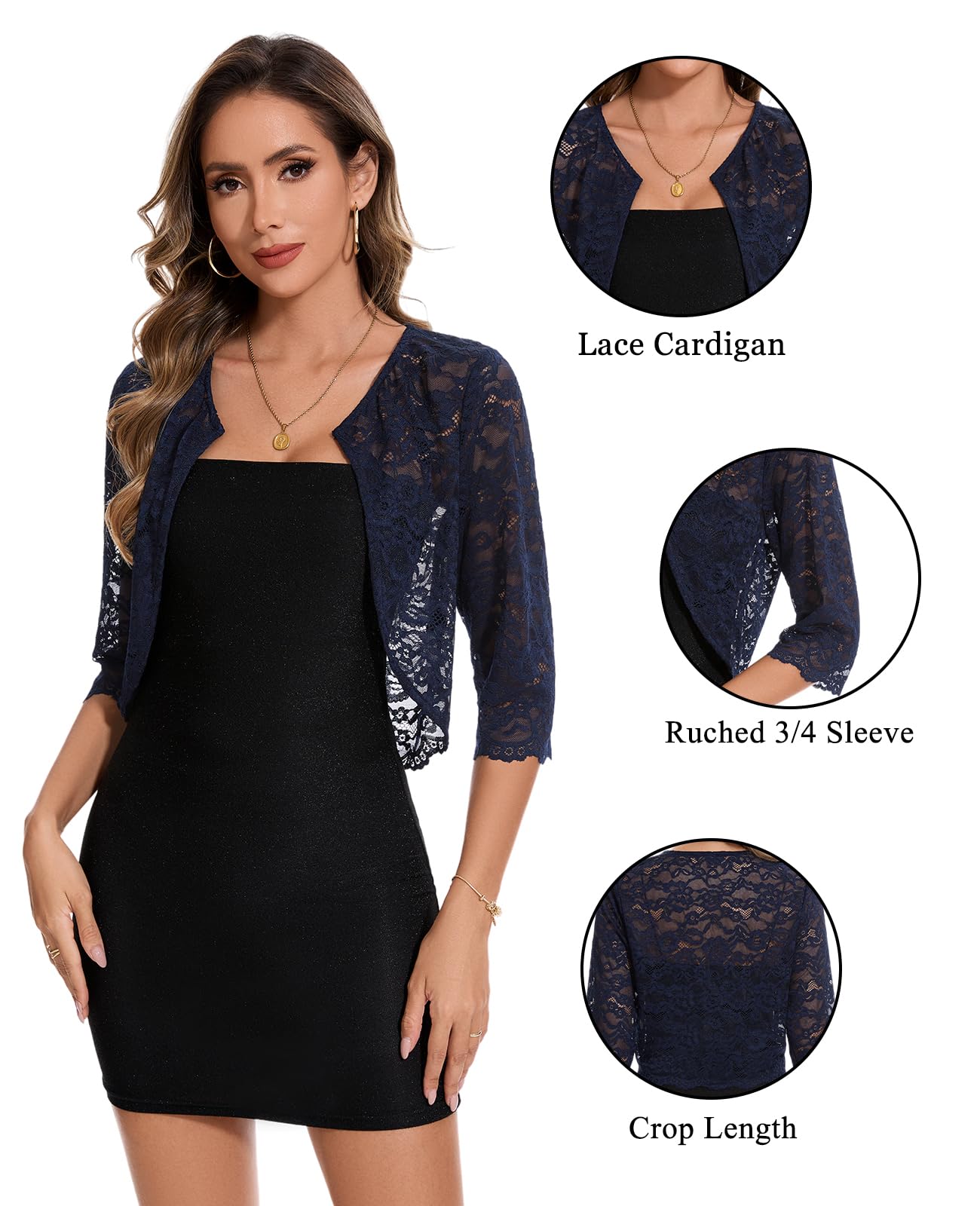 MINTLIMIT Cardigan boléro en dentelle pour femme - Manches 3/4 - Court - Boléro - Fermeture - Haut léger et élégant