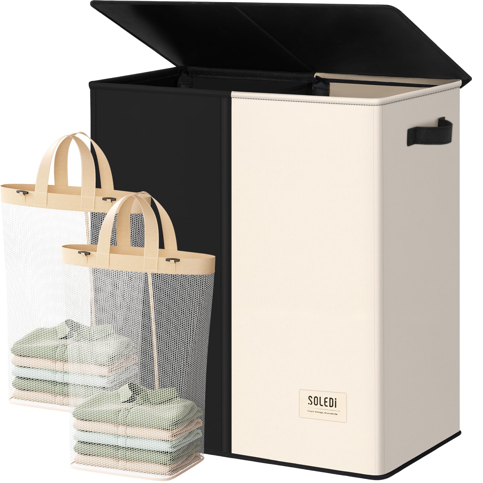 SOLEDI 145L Wäschekorb, Wäschesammler 2 fächer mit Deckel und 2 Wäschesack - Wäschesortierer Groß XXXL Für Badezimmer, Schlafzimmer, Wäschekammer, Kinderzimmer - 2 x 72.5L Schwarz+Beige