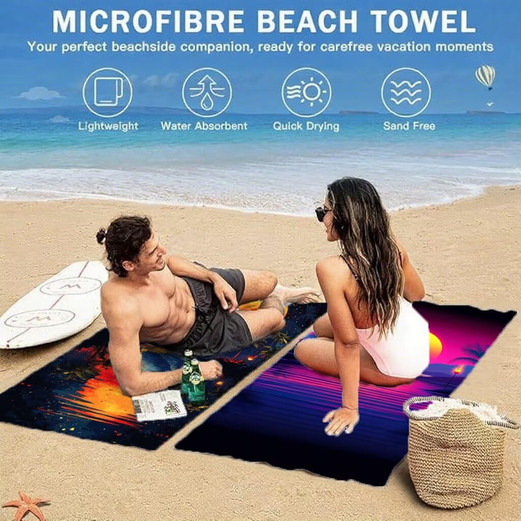Serviette de Plage 90x180cm, Vacances Serviette Microfibre Lot de 2 Coucher de soleil Motif Ultra Absorbantes Séchage Rapide Anti Sable Légère Drap de Plage Design pour Piscine Voyages Sauna, Model302