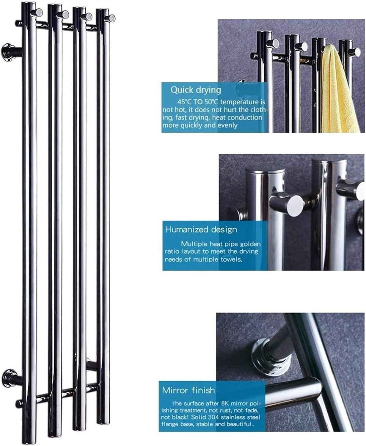 Bathroom Wall Heater Electric Heated Towel Rail, Wall Mounted 304 Stainless Steel 4 Bars Vertical Heated Towel Warmer Rail Robe Holder Rack Bathroom Accessories 90W (37.4 X 10.1 X 4.2 Inch),Plugin