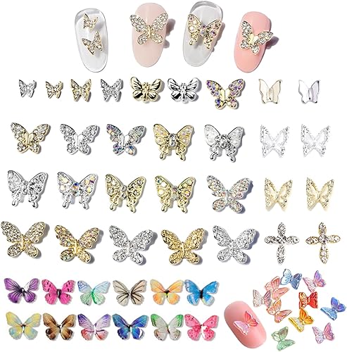 Miniatura 1 de Kit de 50 dijes de uñas de mariposa mixta 3D para decoración de mariposas doradas para uñas acrílicas arte de diamantes gemas y diamantes de