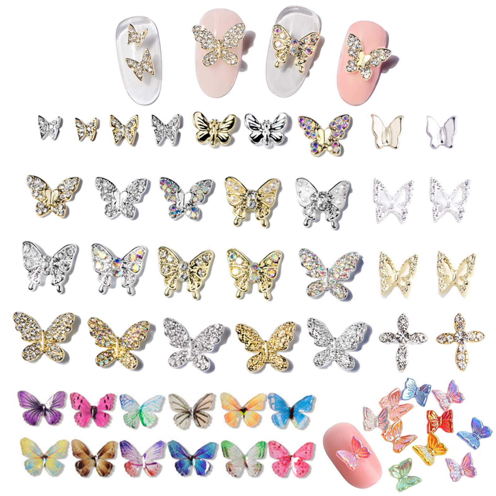 32 Pcs Butterfly Nail Charms Rhinestones 3D Crystals Diamonds for Acrylic Nails, Gold Silver Color Nail Charms Gems for Women Nail Art DIY Decoration Crafts Gifts (Butterfly)