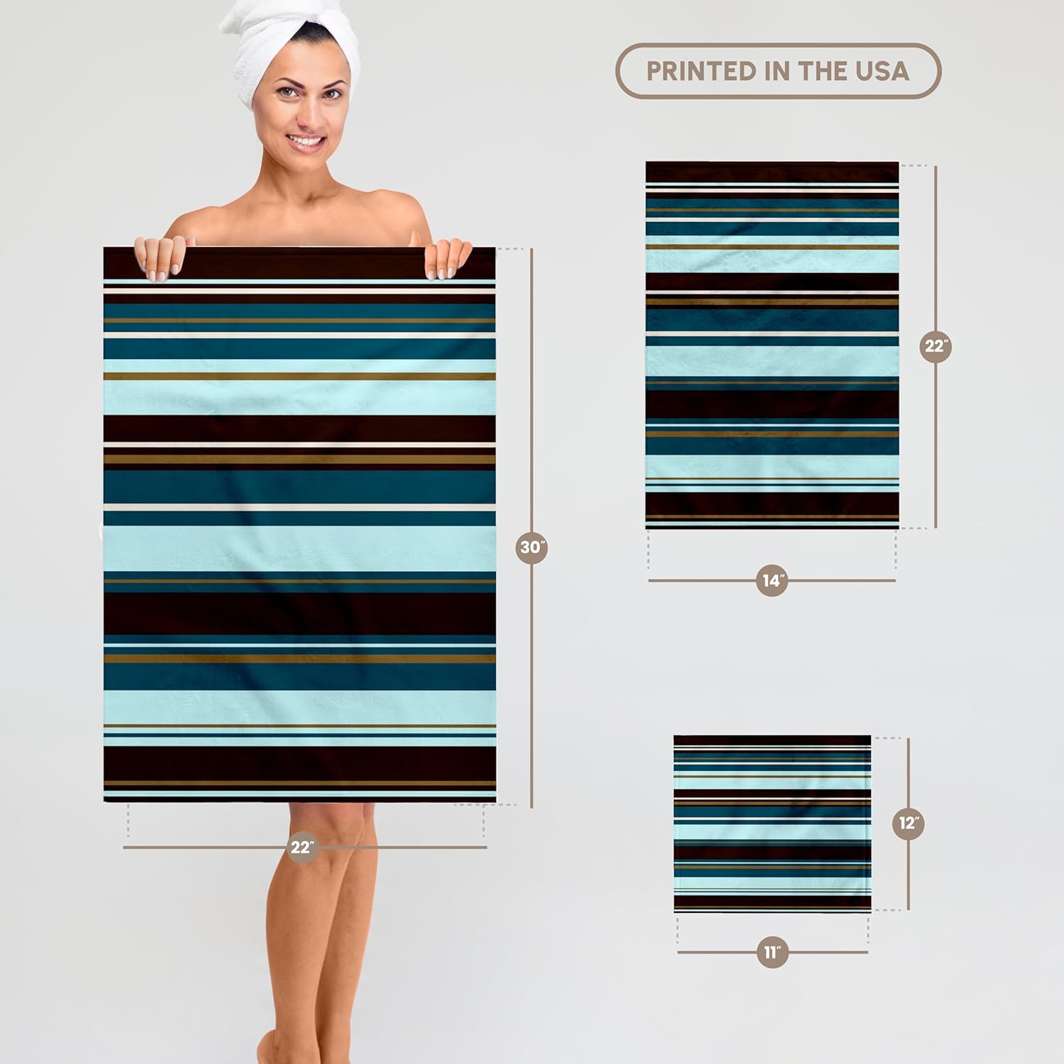 3dRose Mixed Stripes in teals, Brown, Cream and Faux Gold Color. 22x30 Bath Hand Pool Towel