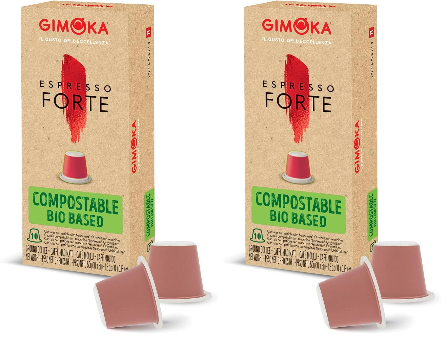Gimoka - Compatibile Per Nespresso - Capsule Compostabili - 100 Capsule - Gusto FORTE - Intensità 11 - Made In Italy (Confezione da 2)